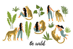 Be wild. Vector illustrations of woman with leopard and tropical leaves. Trendy design for card, poster, t shirt and other use.