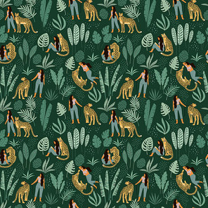 Vector seamless pattern with women, leopards and tropical leaves. Trendy design for paper, cover, fabric and other users.