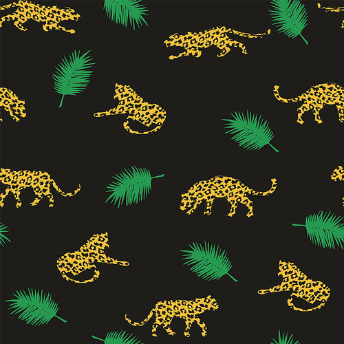 Seamless exotic pattern with abstract silhouettes of leopards. Vector hand draw design.