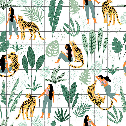 Vector seamless pattern with women, leopards and tropical leaves. Trendy design for paper, cover, fabric and other users.