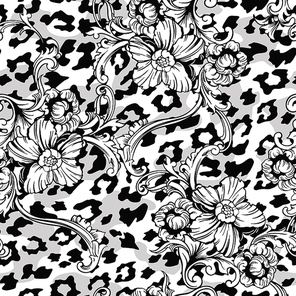 Eclectic fabric seamless pattern. Animal background with baroque ornament. Vector illustration