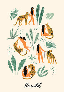 Be wild. Vector illustrations of woman with leopard and tropical leaves. Trendy design for card, poster, t shirt and other use.