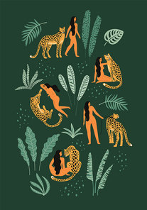 Be wild. Vector illustrations of woman with leopard and tropical leaves. Trendy design for card, poster, t shirt and other use.