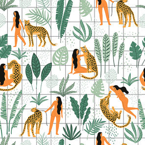 Vector seamless pattern with women, leopards and tropical leaves. Trendy design for paper, cover, fabric and other users.