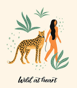 Be wild. Vector illustration of woman with leopard. Trendy design for card, poster, tshirt and other use.