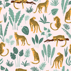 Vestor seamless pattern with leopards and tropical leaves. Trendy style.