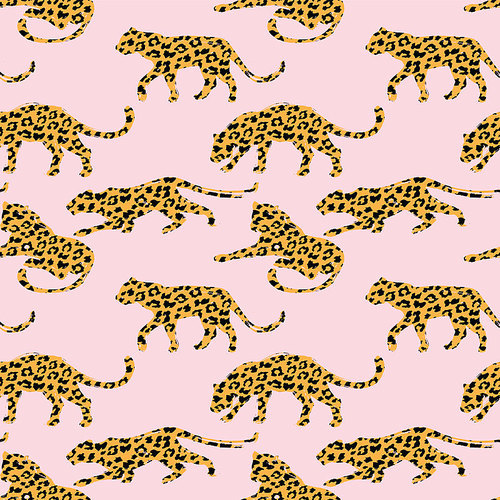 Seamless exotic pattern with abstract silhouettes of leopards. Vector hand draw design.