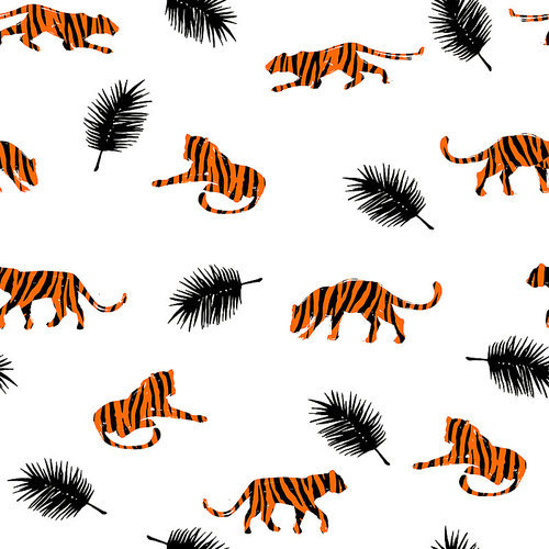 Seamless exotic pattern with abstract silhouettes of tigers.