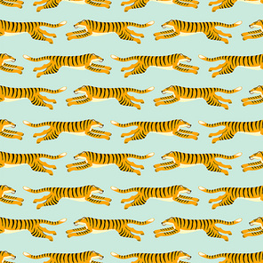 Seamless exotic pattern with tigers. Vector hand draw design.