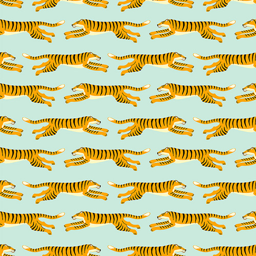 Seamless exotic pattern with tigers. Vector hand draw design.