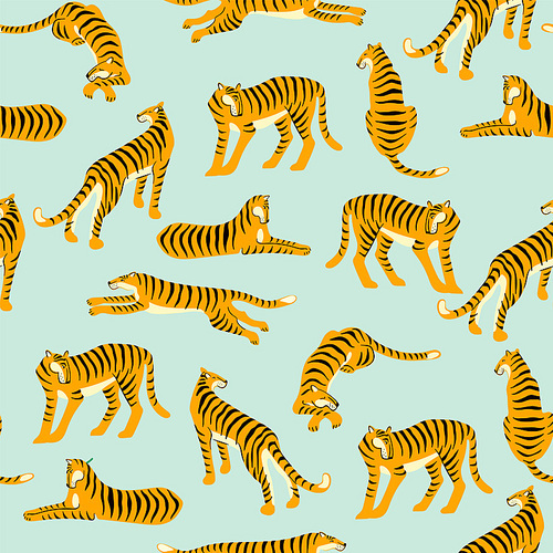 Seamless exotic pattern with tigers. Vector hand draw design.