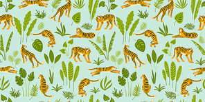 Seamless exotic pattern with tigers in the jungle. Vector hand draw design.