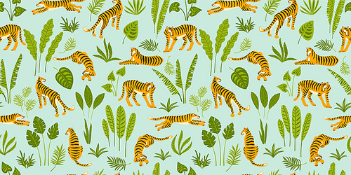 Seamless exotic pattern with tigers in the jungle. Vector hand draw design.
