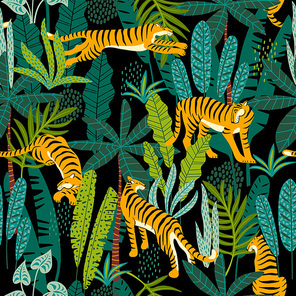 Seamless exotic pattern with tigers in the jungle. Vector hand draw design.