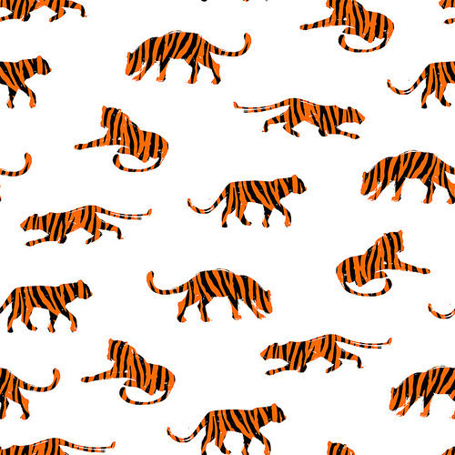 Seamless exotic pattern with abstract silhouettes of tigers. Vector hand draw design.