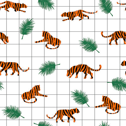 Seamless exotic pattern with abstract silhouettes of tigers. Vector hand draw design.
