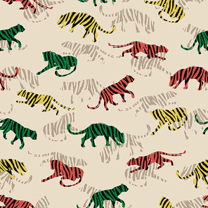 Seamless exotic pattern with abstract silhouettes of tigers.