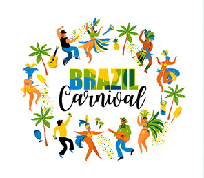 Brazil carnival. Vector illustration of funny dancing men and women in bright costumes. Design element for carnival concept and other users