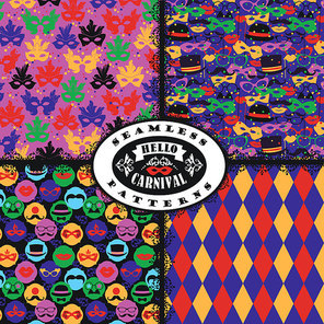 Celebration festive background with carnival icons and objects. Vector seamless patterns