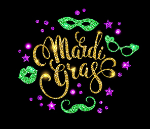 Mardi Gras. Glittering lettering design for Banners, Flyers, Placards, Posters and other use.Vector illustration