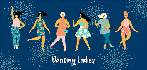 Vector illustration of dancing women. Trendy retro style. Design element.