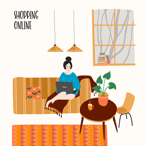 Vector illustration of woman with laptop at home. Concept for shopping online and other use. Design elements.