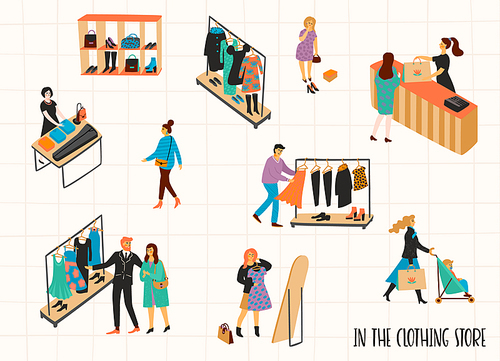 Clothing store. Vectpr illustration with characters. Design elements