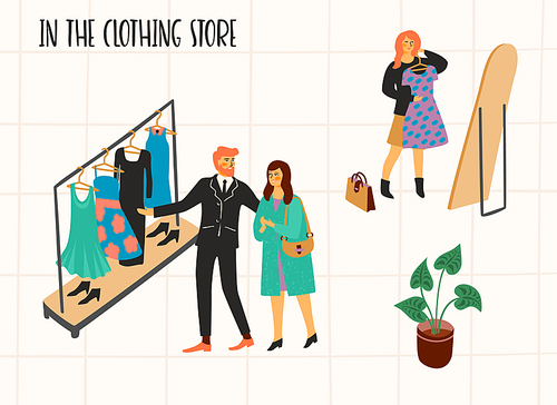 Clothing store. Vectpr illustration with characters.