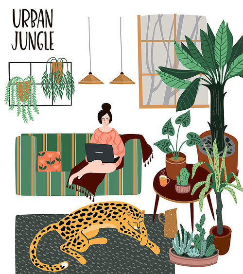 Urban Jungle. Vector illustration with trendy home decor. Houseplants, tropical leaves, leopard
