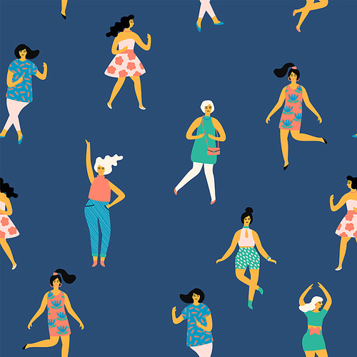 Vector illustration of dancing women. Trendy retro style. Seamless pattern.