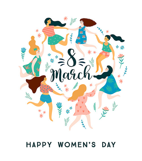 International Women s Day. Vector template with cute women for card, poster, flyer and other users