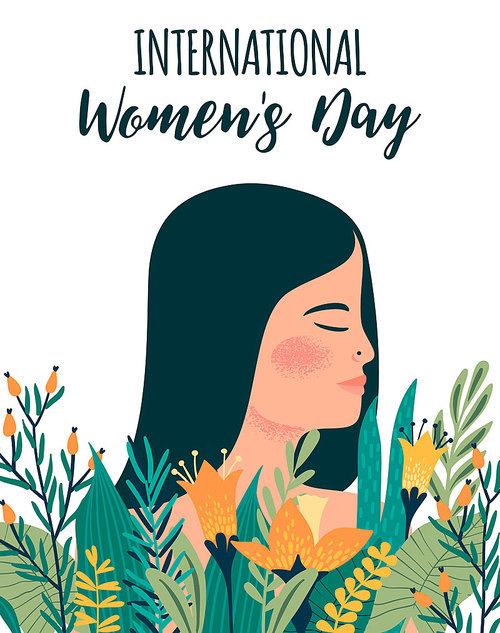 International Women s Day. Vector template with metis woman and flowers for card, poster, flyer and other users