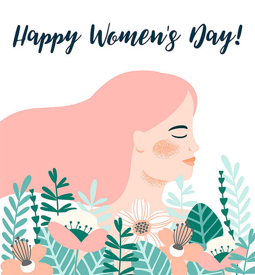 International Women s Day. Vector template with woman and flowers for card, poster, flyer and other users