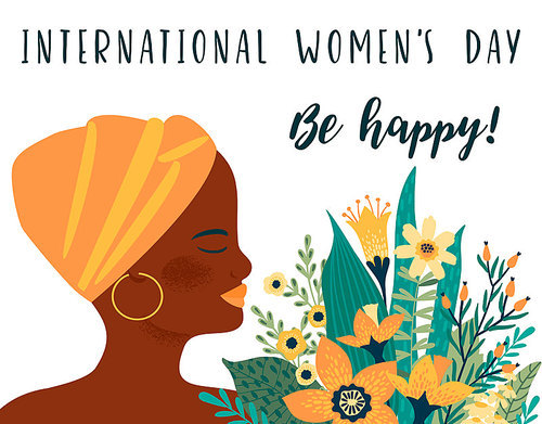 International Women s Day. Vector template with african woman and flowers for card, poster, flyer and other users