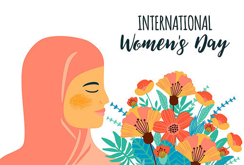 International Women s Day. Vector template with arab woman and flowers for card, poster, flyer and other users