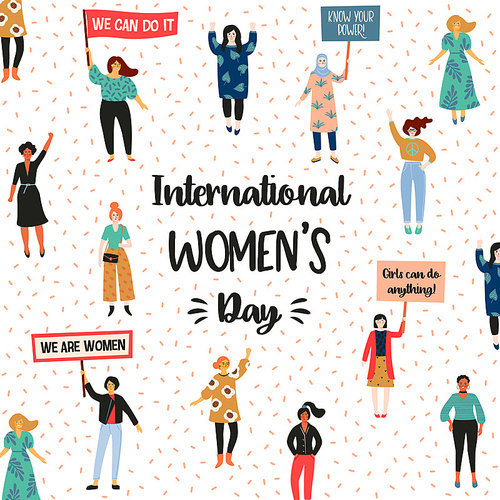 International Womens Day. Vector illustration with women different nationalities and cultures. Struggle for freedom, independence, equality.