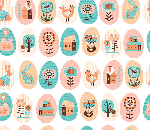 Vector seamless pattern with easter symbols and folk flowers. For Easter and other users. Design element.