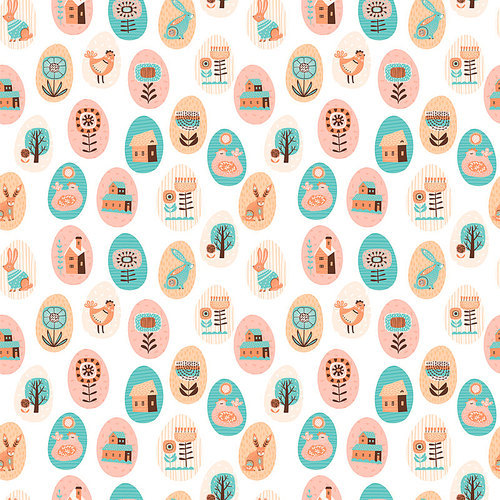 Vector seamless pattern with easter symbols and folk flowers. For Easter and other users. Design element.