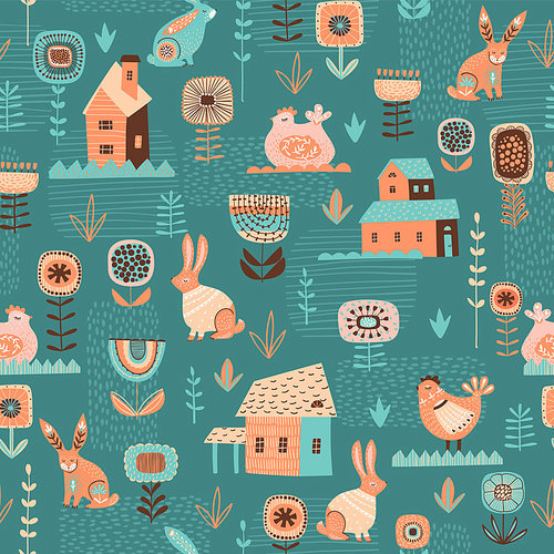 vector seamless pattern with . symbols and folk flowers. for easter and other users. design element.