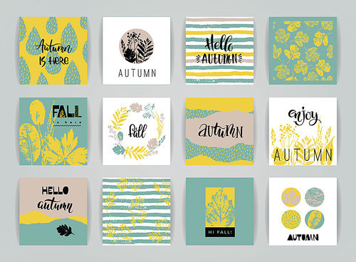 Set of artistic creative autumn cards. Hand Drawn textures and brush lettering. Design for poster, card, invitation, placard, brochure, flyer. Vector templates