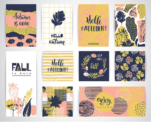 set of artistic creative autumn cards. hand drawn textures and brush lettering.