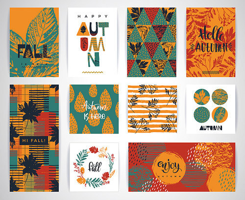 set of artistic creative autumn cards. hand drawn textures and brush lettering. design for poster, card, invitation, placard, , flyer. vector templates