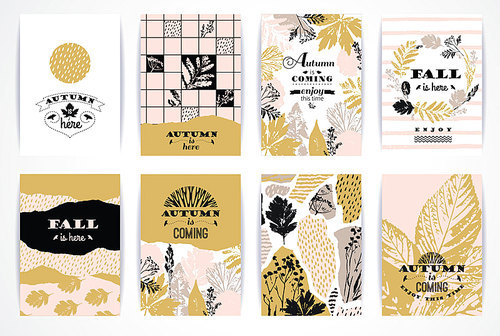Set of artistic creative autumn cards. Hand Drawn textures and brush lettering. Design for poster, card, invitation, placard, brochure, flyer. Vector templates