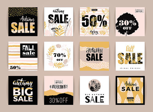 set of artistic creative autumn sale cards. hand drawn textures and brush lettering. design for sale and special offer. vector templates for poster, card, tag, placard, , flyer, web