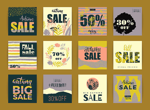 set of artistic creative autumn sale cards. hand drawn textures and brush lettering. design for sale and special offer. vector templates for poster, card, tag, placard, , flyer, web
