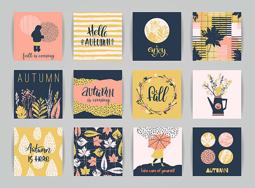 set of artistic creative autumn cards. hand drawn textures and brush lettering. design for poster, card, invitation, placard, , flyer. vector templates.