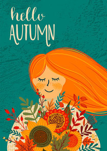 Autumn illustration with cute woman. Vector design for card, poster, flyer, web and other users.