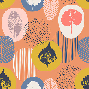 Abstract autumn seamless pattern with leaves. Vector background for various surface. Trendy hand drawn textures.