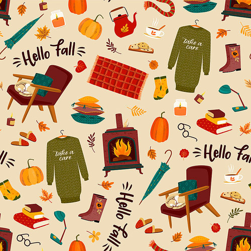 Autumn seamless pattern with homely cute things. Vector design for card, poster, flyer, web and other users.