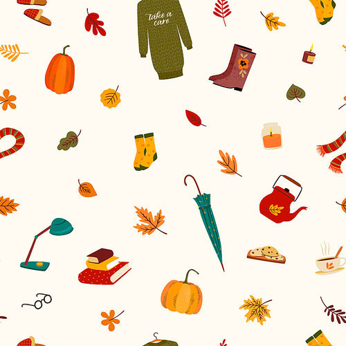 Seamless pattern with cute things and autumn leaves. Vector background for various surface. Trendy hand drawn textures.